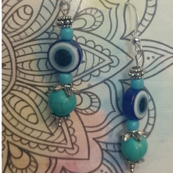 EVIL EYE WARD EARRINGS, Turquoise Magnesite, Bali-Style Accents SMALL SIZE - Picture 5 of 7